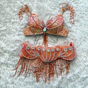 Orange Beaded Sequin Fringe Festival Rave Bra Top and Belt